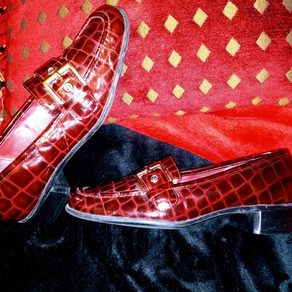 Brick Red Patent Leather Croc Embossed Loafers